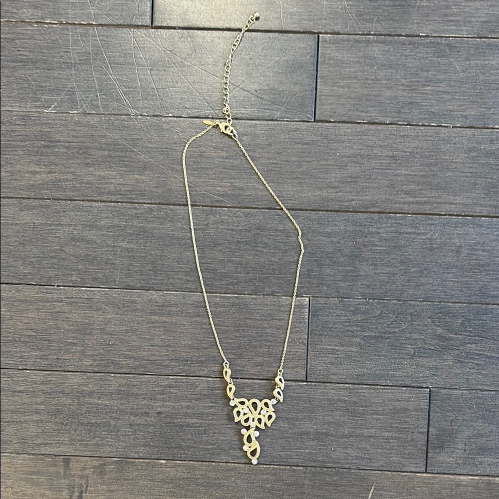 Vintage 1960's signed SAQ rhinestone drop dangle gold metal necklace.